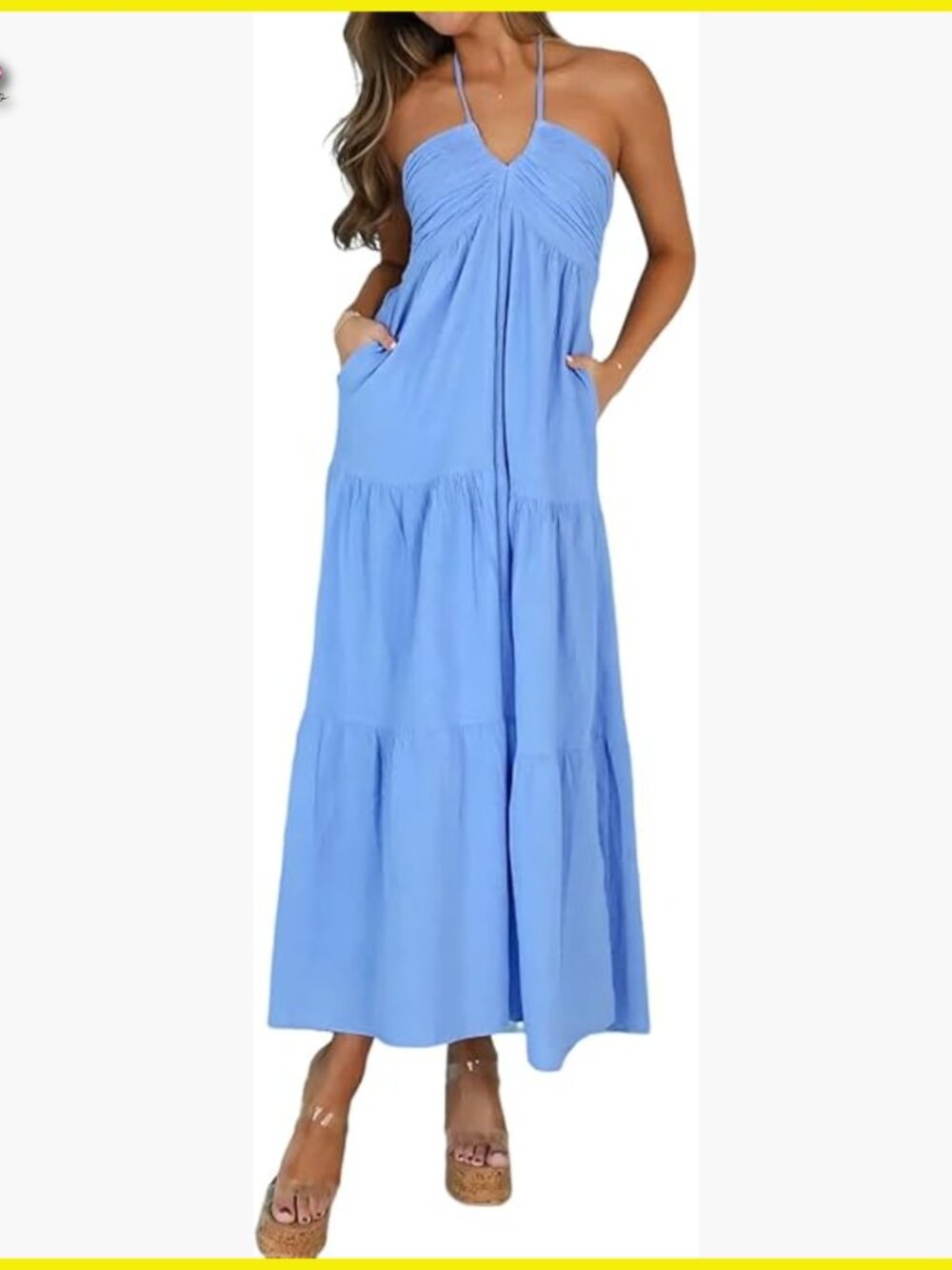 Casual Halter Tiered Maxi Dress With Pockets Vacation Elegant Boho Chic